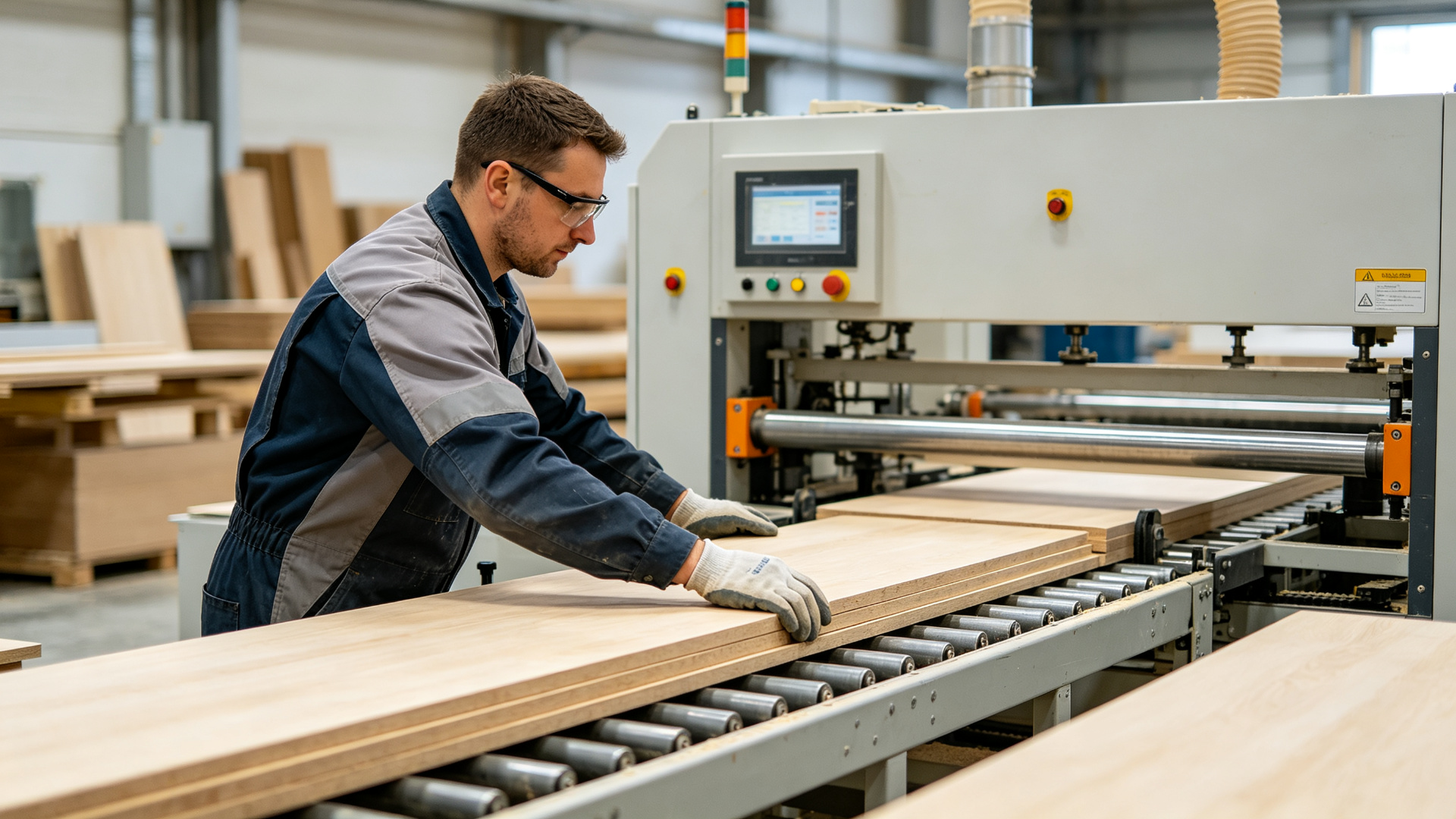 Worker operating woodworking machine in GUTU factory